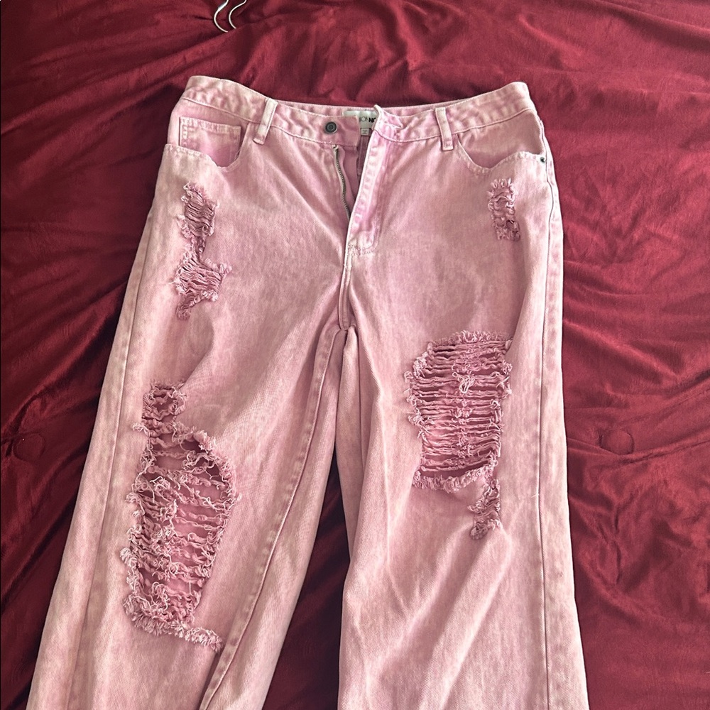 Fashion Nova Pink Distressed Straight Leg Jeans